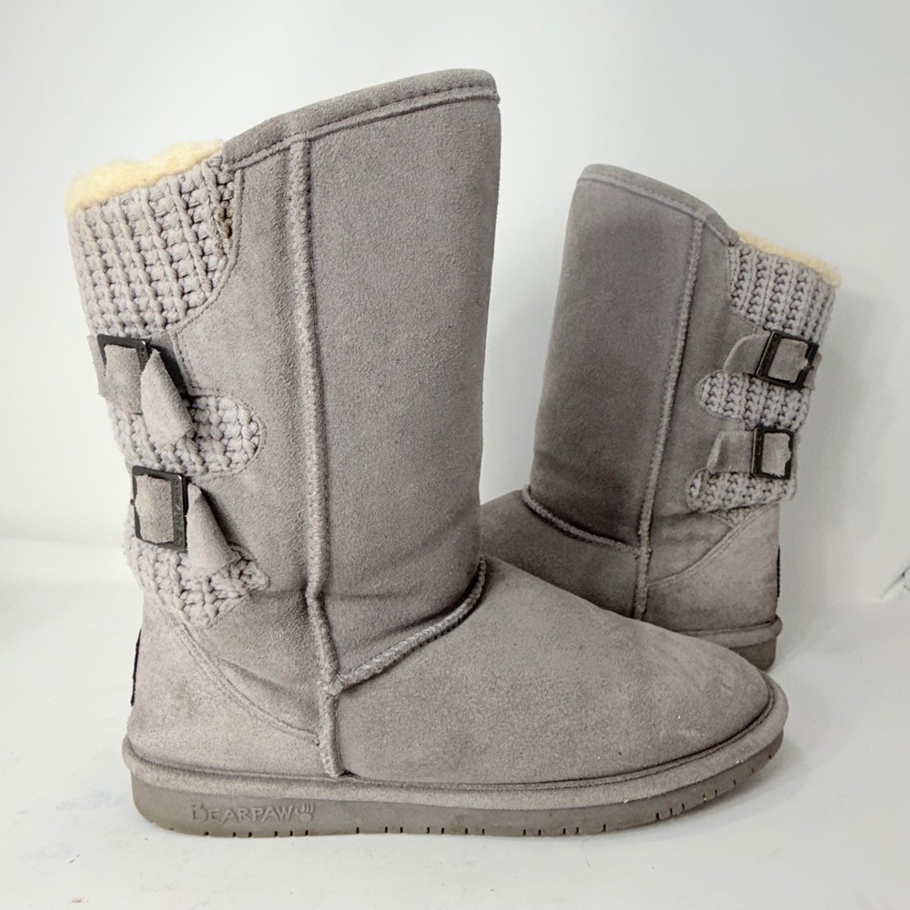 Bearpaw Women Gray Suede Cable Knit Buckle Mid Calf Winter Boots Size 9.5